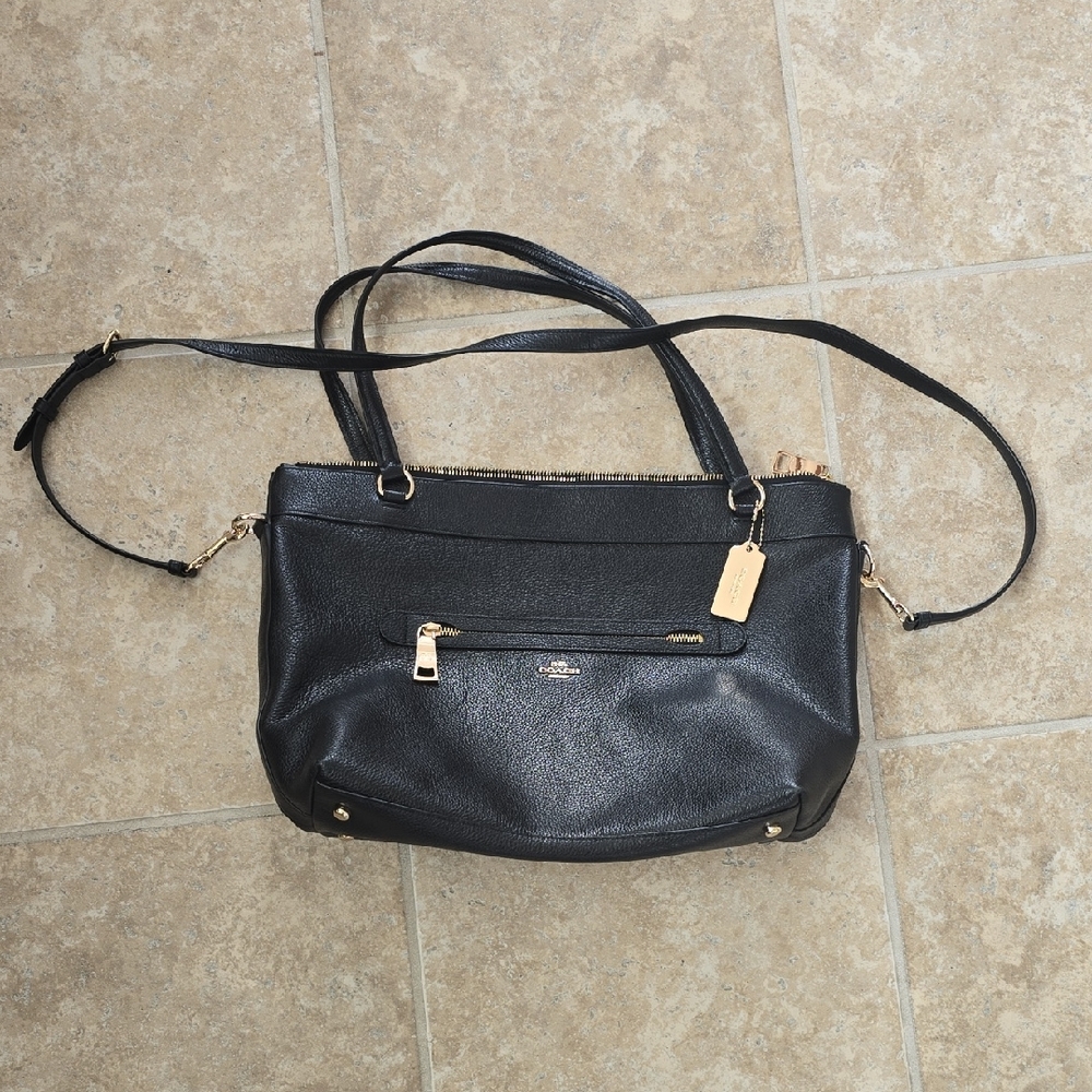 Black Leather Tote with Gold Accents - Women's Shoulder Bag